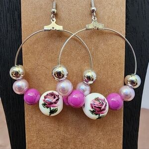 BrazenSoul Floral Pink and Silver Hoop Earrings